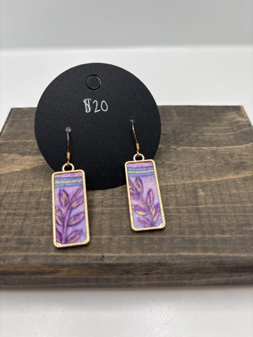 Hand-Painted Watercolor Earrings on Metal Bezel, Rectangle, 1"