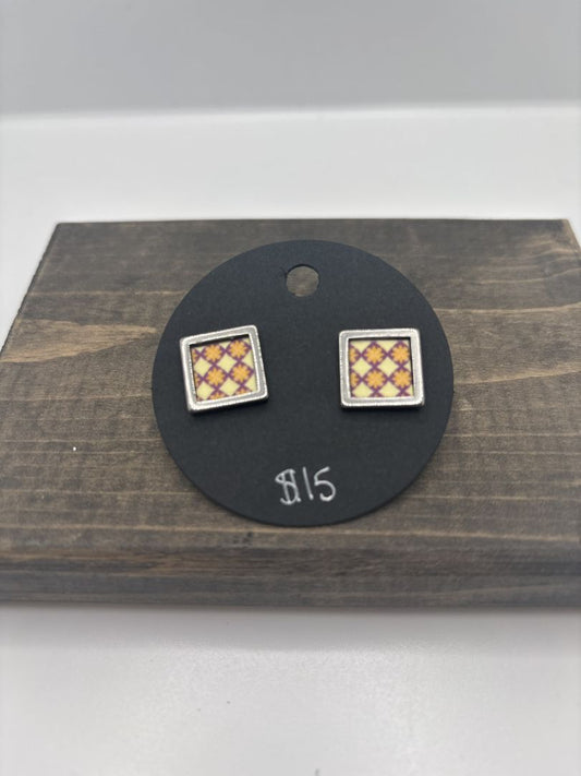 Handmade Washi Earrings on Metal Bezel Post, Square, .5"