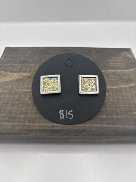 Handmade Washi Earrings on Metal Bezel Post, Square, .5"