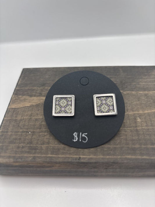 Handmade Washi Earrings on Metal Bezel Post, Square, .5"