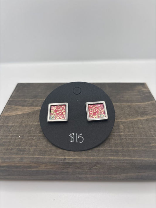 Handmade Washi Earrings on Metal Bezel Post, Square, .5"