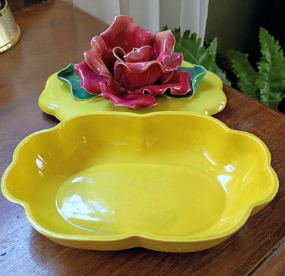 California Pottery MCM yellow floral trinket dish