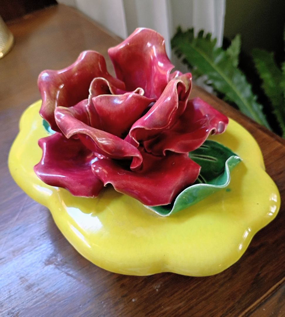 California Pottery MCM yellow floral trinket dish
