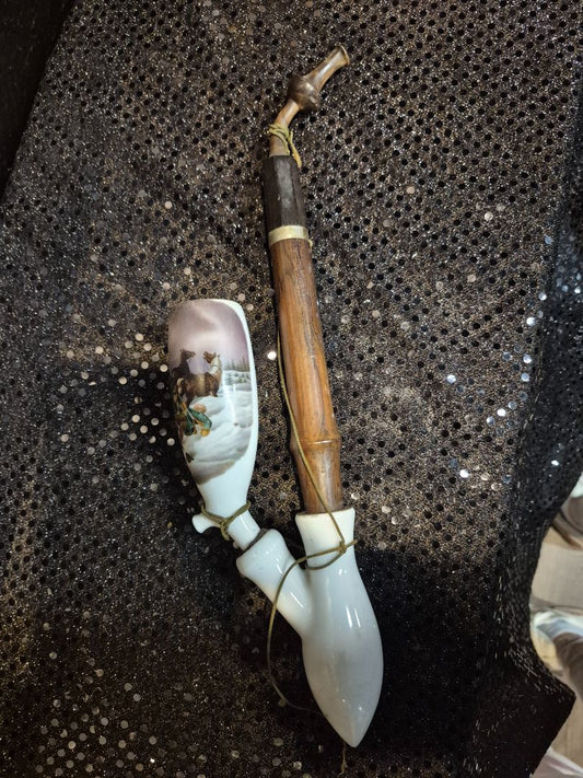 Antique Porcelain Hunters Smoking Pipe