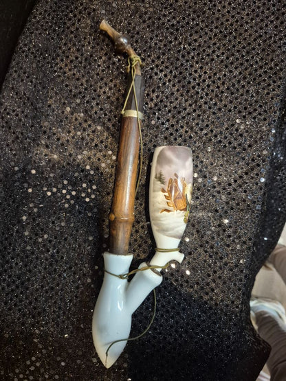 Antique Porcelain Hunters Smoking Pipe