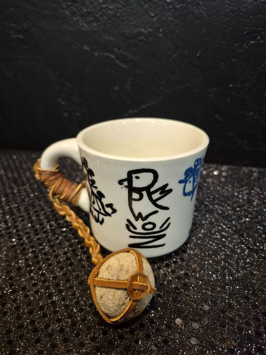 Vintage Cup with Leather Wrapped Stone as weight