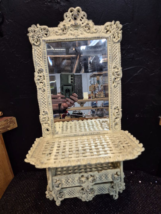 Antique French Provincial Cast Iron Wall Shelf Beveled Glass Shaving Mirror 23"