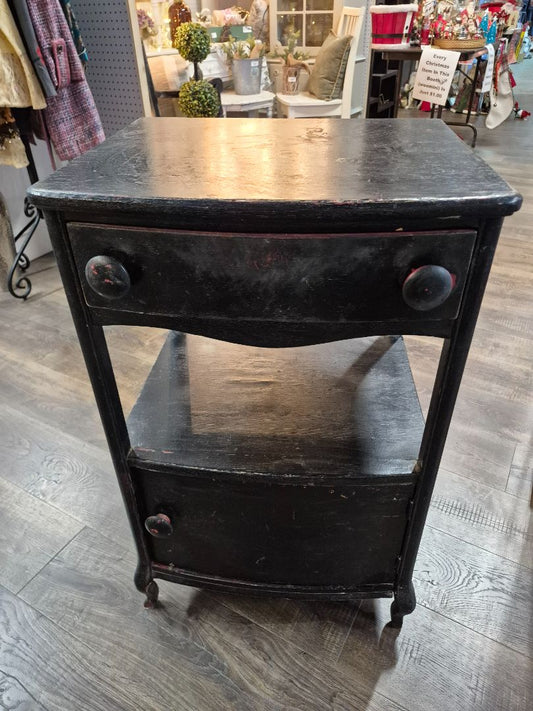 Black Wood Cabinet with Red painted inside. 1 Drawer with door shelf on bottom