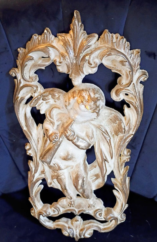 White  MCM cherub wall hanging 9" 18", 9" x 18"