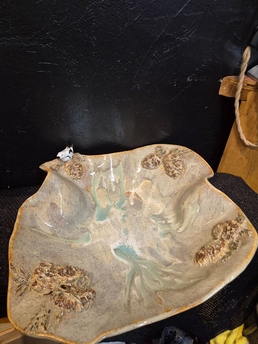 Large Clay Pottery Bowl with Bird and Pine Cones