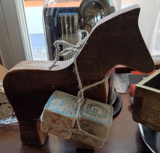 Brown  Vintage wood horse 9 x 9, two wood blocks tw