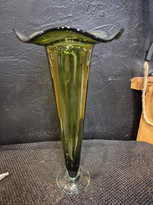 Vintage Tall Hand Blown Olive Green Art Fluted Ruffle