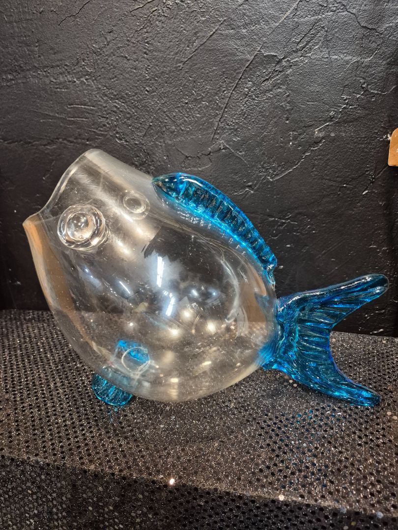 Vintage Blenko Clear and Blue Handblown Glass Fish Sculpure