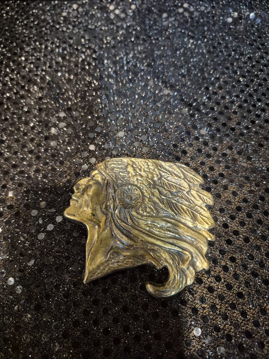 Vintage South Western Solid Brass Native American Headdress Belt Buckle