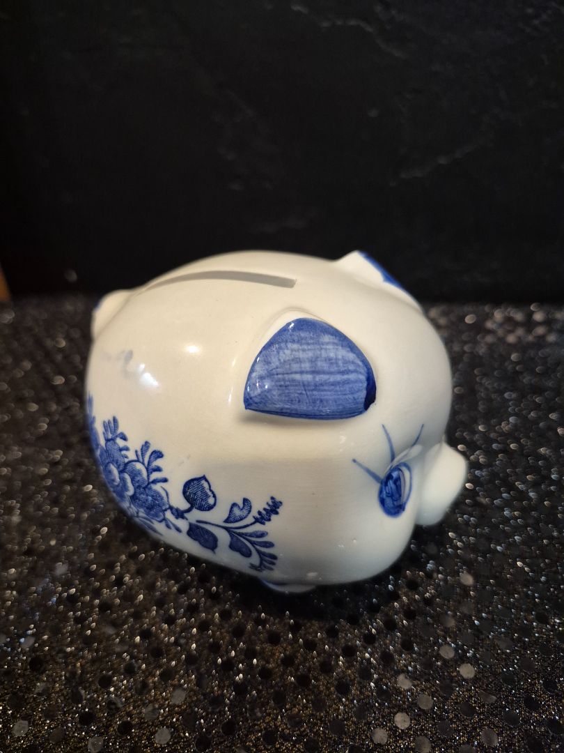 Vintage White and Blue Piggy Bank