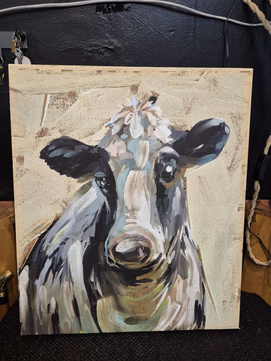Cow with Flowers on Canvas