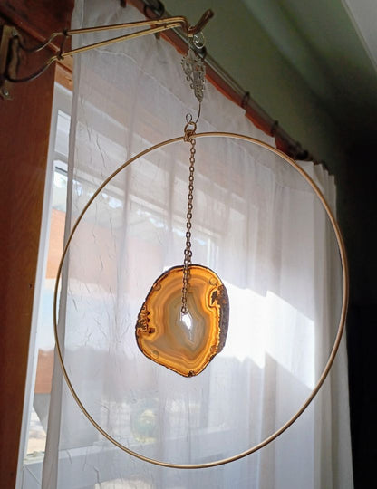 Natural slice brown agate window hanging 12"