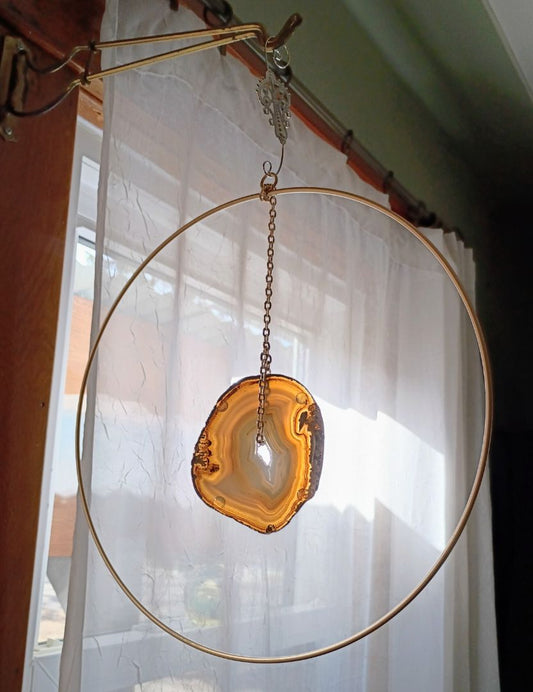 Natural slice brown agate window hanging 12"