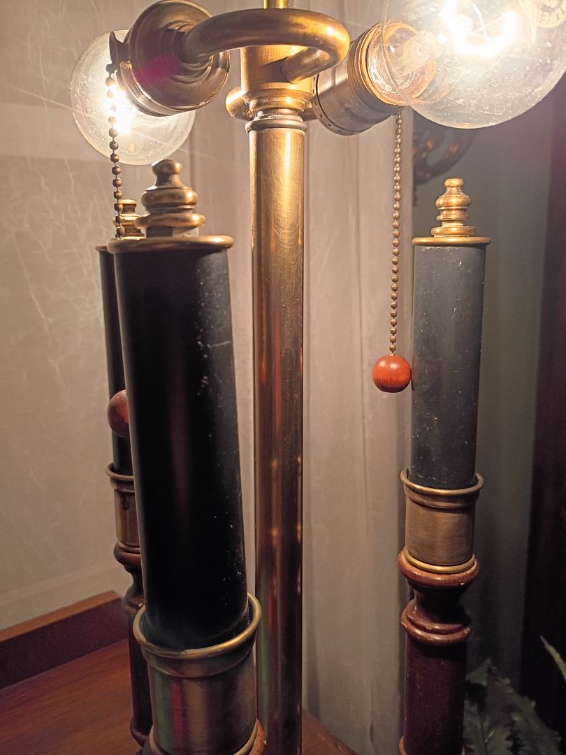 Vintage bouillotte style wood and brass lamp
