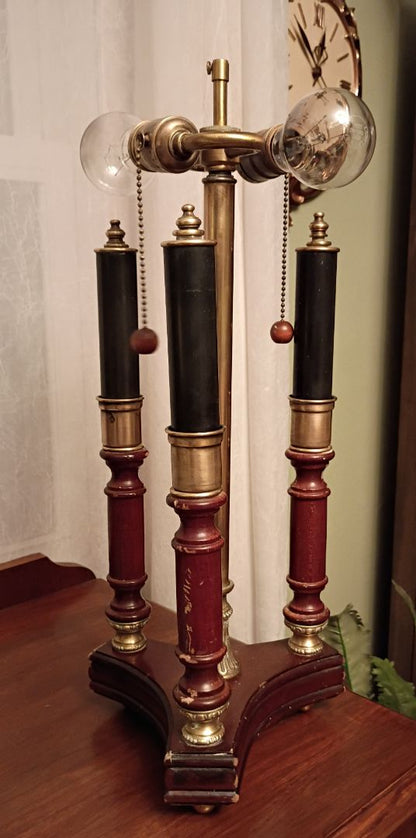 Vintage bouillotte style wood and brass lamp