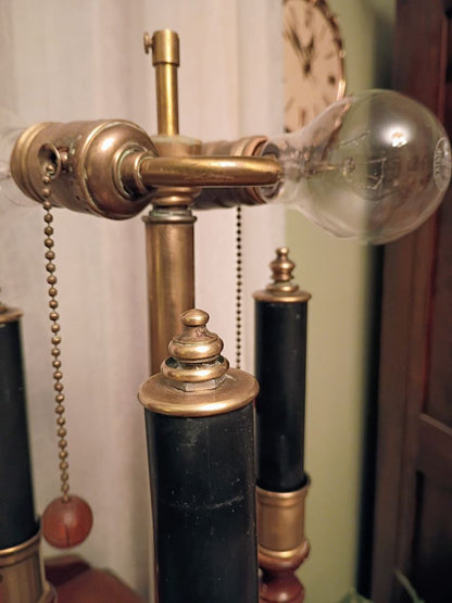 Vintage bouillotte style wood and brass lamp