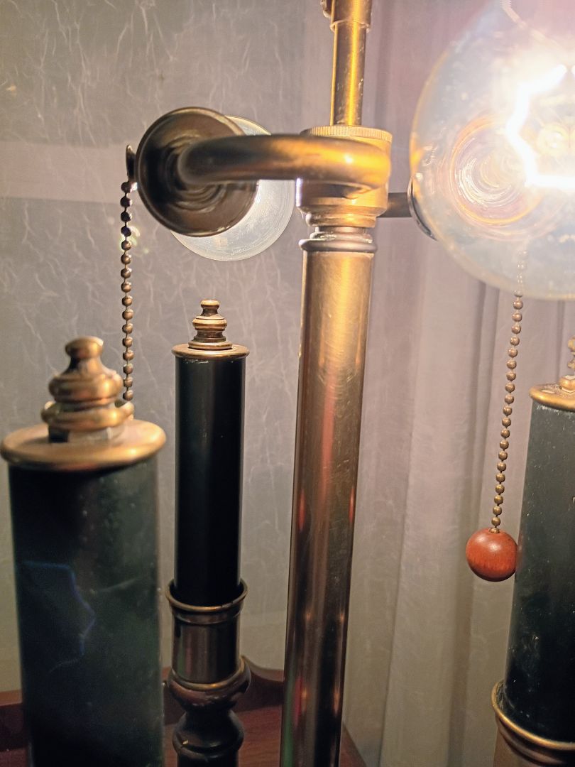 Vintage bouillotte style wood and brass lamp