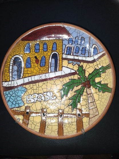 Tan, brown, green, blue, white  Collectible Mosaic pottery wall plate, Small wall plate