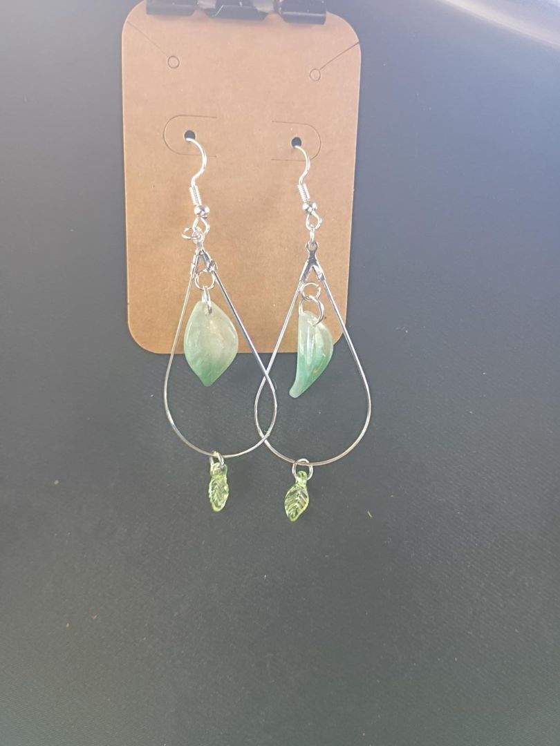 Green glass leaf hoop and hook earings