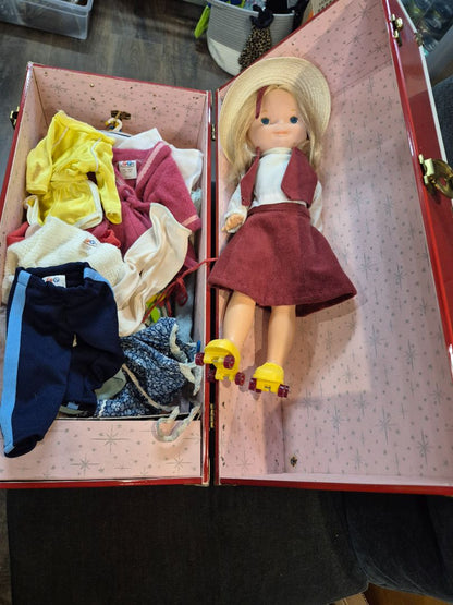 Vintage 1970's Fisher Price "My Friend Mandy Doll' w/ Outfits, Roller Skates and Storage Trunk