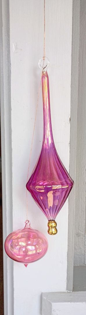 Pair of 2 pink purple glass hanging ornaments