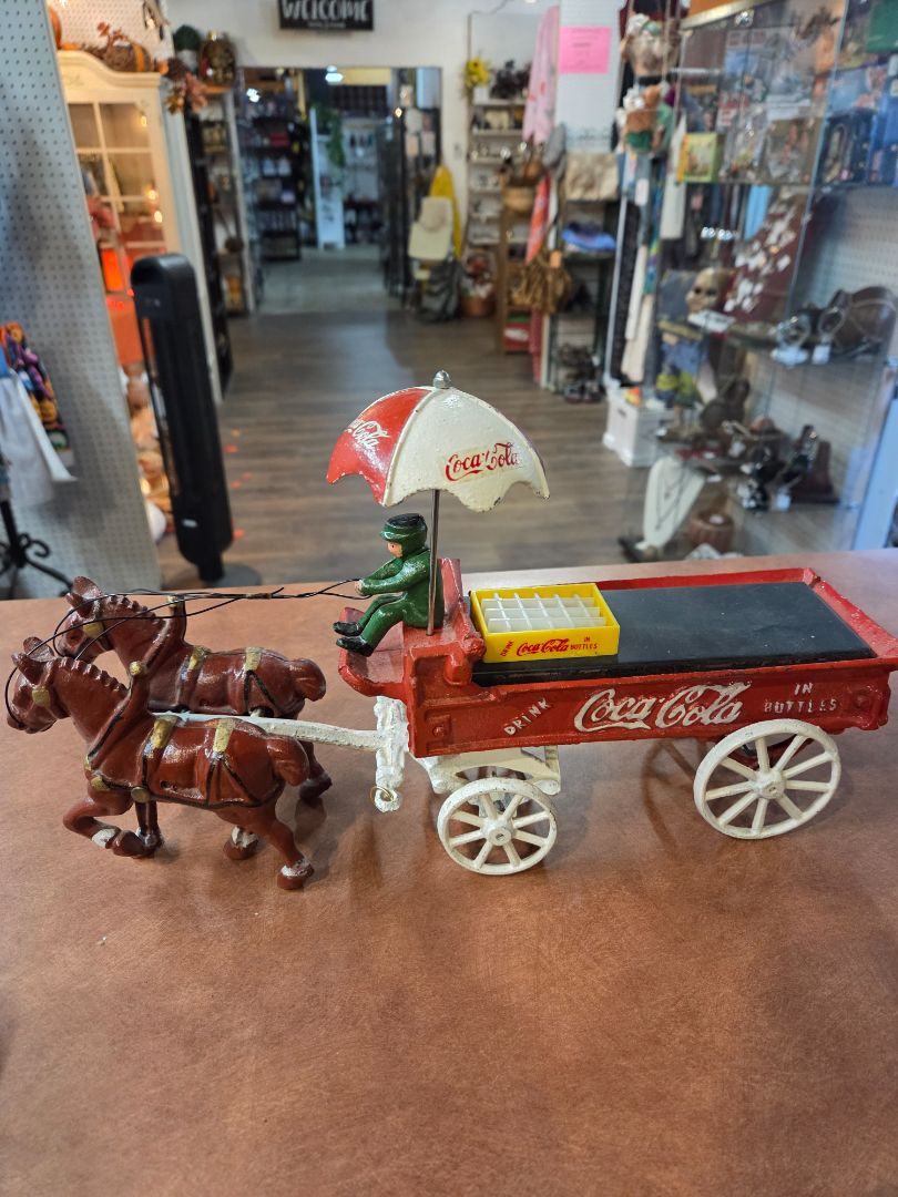 Vintage Cast Iron Coca Cola Horse Drawn Wagon with Umbrella