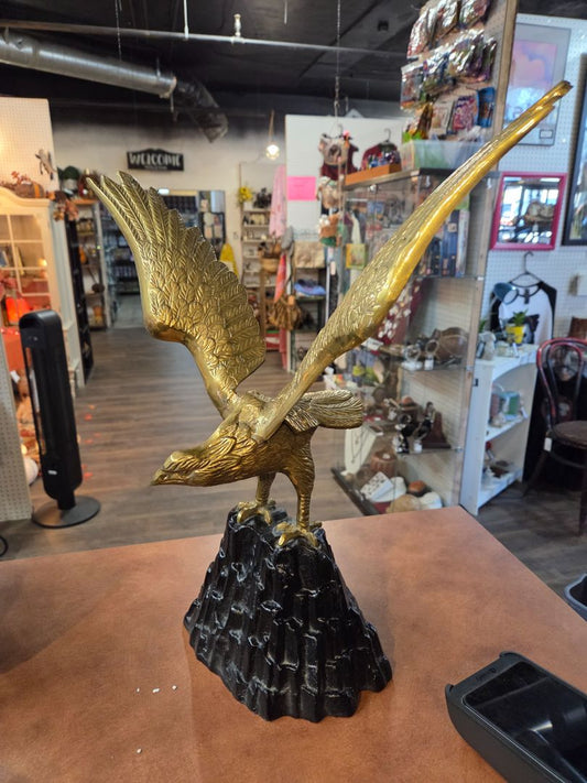 Vintage Brass American Eagle on Rock Statue Sculpture