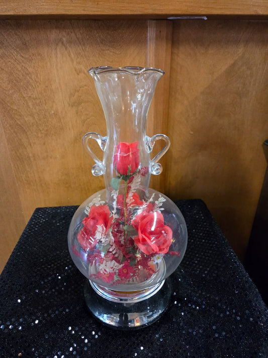 Clear Glass Vase with Red Roses Blink lights Gold base
