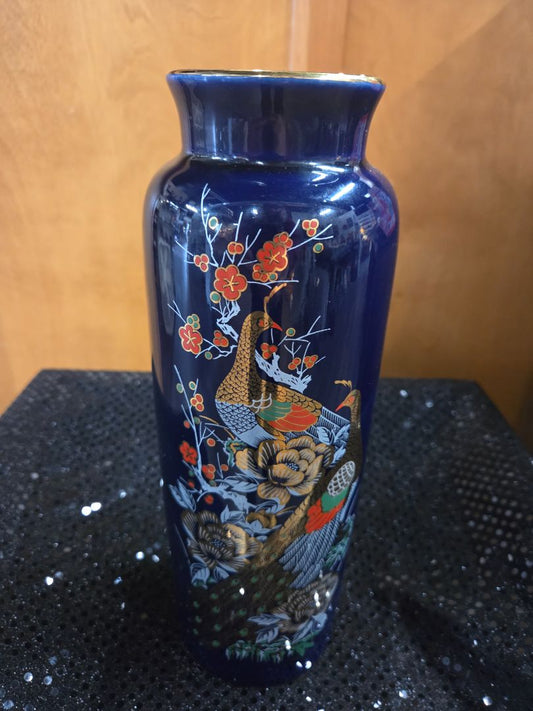 Vintage Japanese Kotani Peacock Vase Cobalt Blue