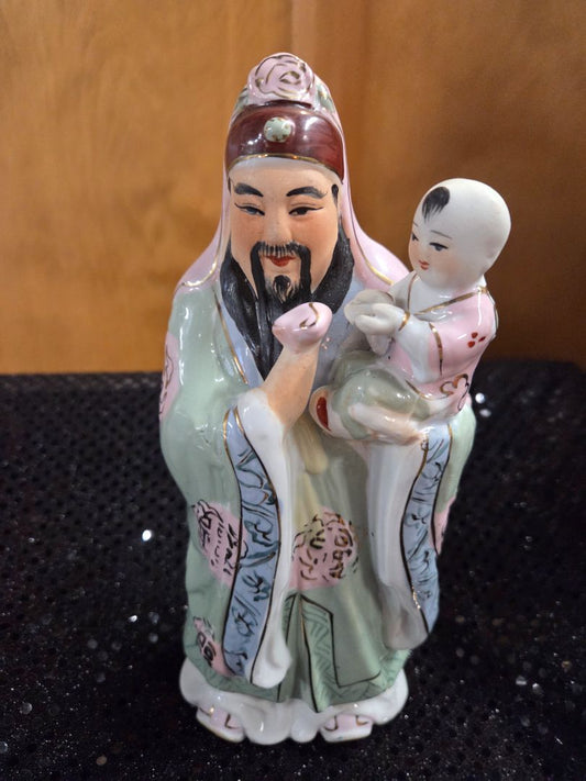 Vintage Chinese Porcelain Fu Lu Shou Immortal God and Baby Boy Figurine Fortune