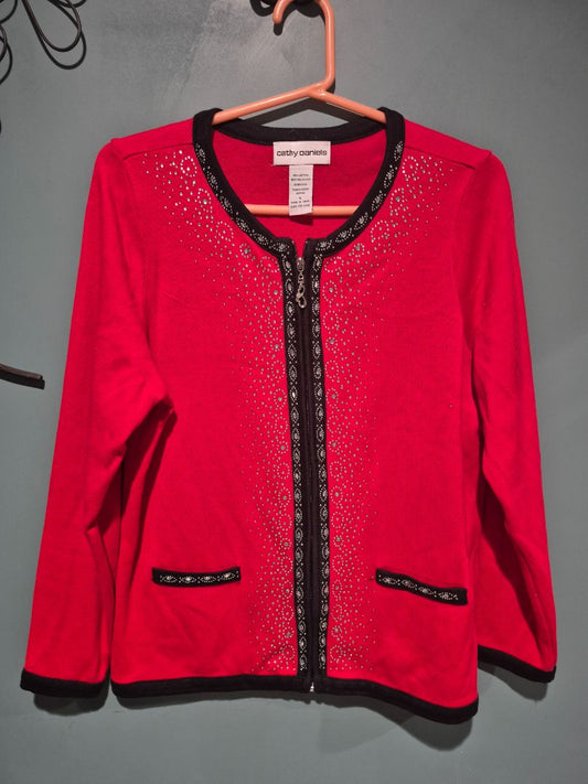 Cathy Daniels Red and Black Rhinestone Full Zip Cardigan