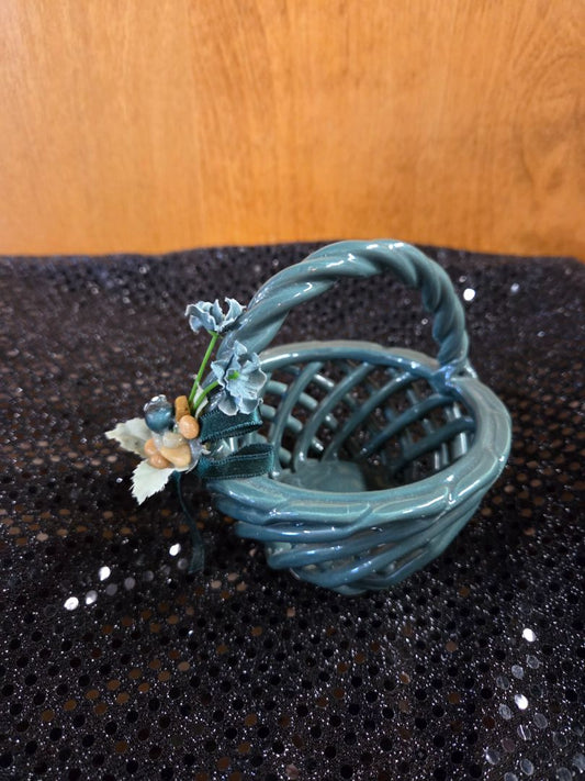 Vintage Glazed Green Ceramic Basket