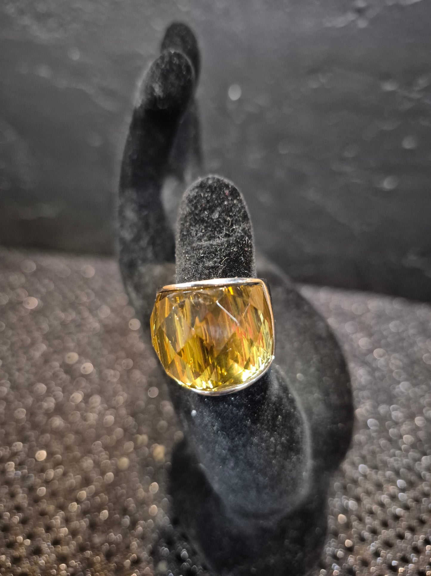 Estate Simona Collini Italy Signed Stainless Steel Yellow Crystal Ring Size 6