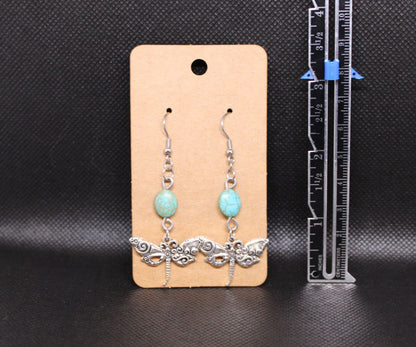 Designs by Raven Turquoise Bead Dragonfly Earrings with Stainless Steel Hooks