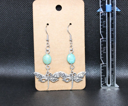 Designs by Raven Turquoise Bead Dragonfly Earrings with Stainless Steel Hooks