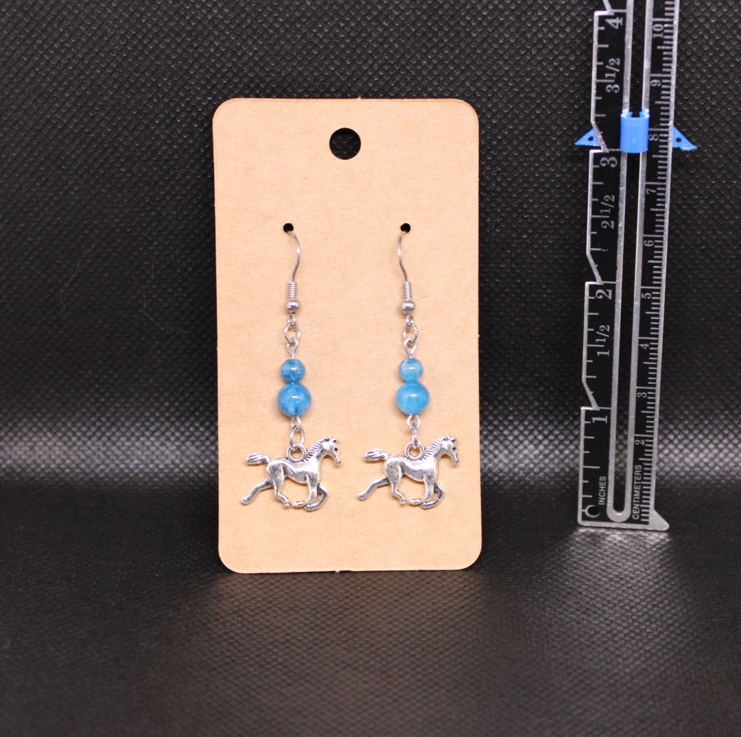 Designs by Raven Silver Mustang Earrings with Blue Beads and Stainless Steel Hooks