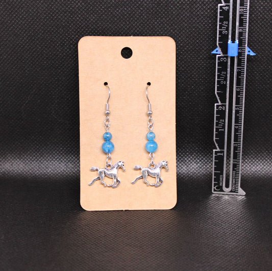 Designs by Raven Silver Mustang Earrings with Blue Beads and Stainless Steel Hooks