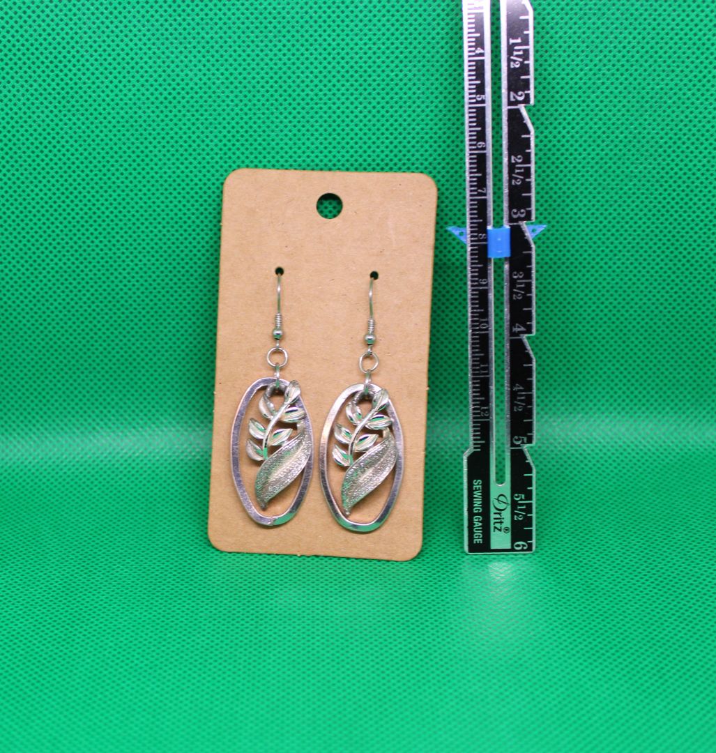 Silver Leaf Oval Earrings with Stainless Steel Hooks