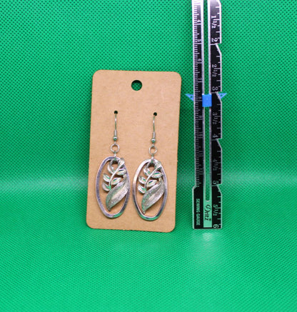 Silver Leaf Oval Earrings with Stainless Steel Hooks