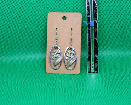Silver Leaf Oval Earrings with Stainless Steel Hooks