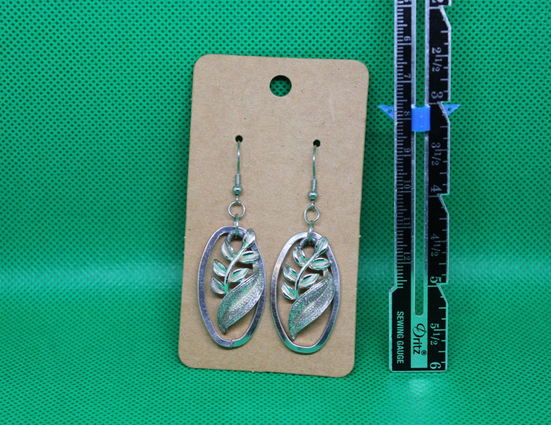 Silver Leaf Oval Earrings with Stainless Steel Hooks