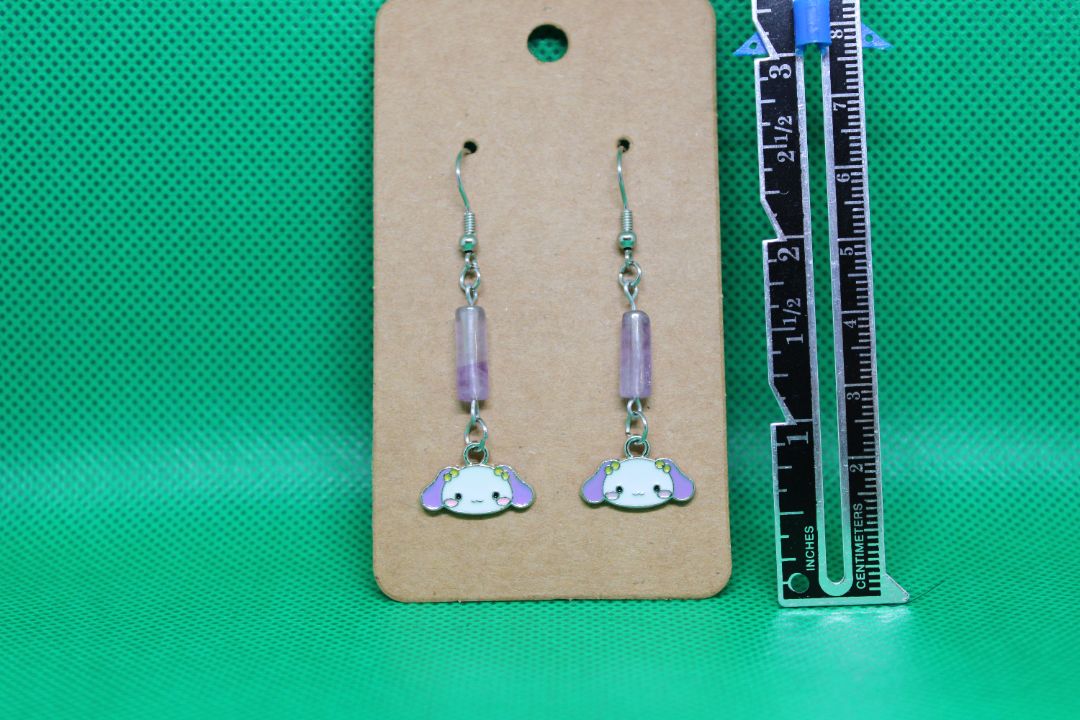 Designs by Raven Cute Puppy Earrings with Purple Beads and Stainless Steel Hooks