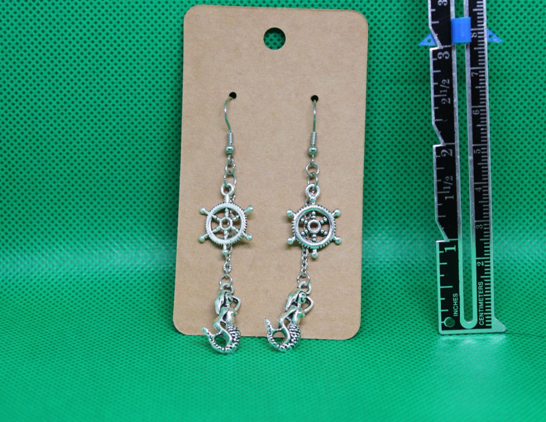 Nautical Steering Wheel and Mermaid Earrings with Stainless Ste