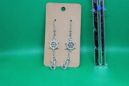 Nautical Steering Wheel and Mermaid Earrings with Stainless Ste