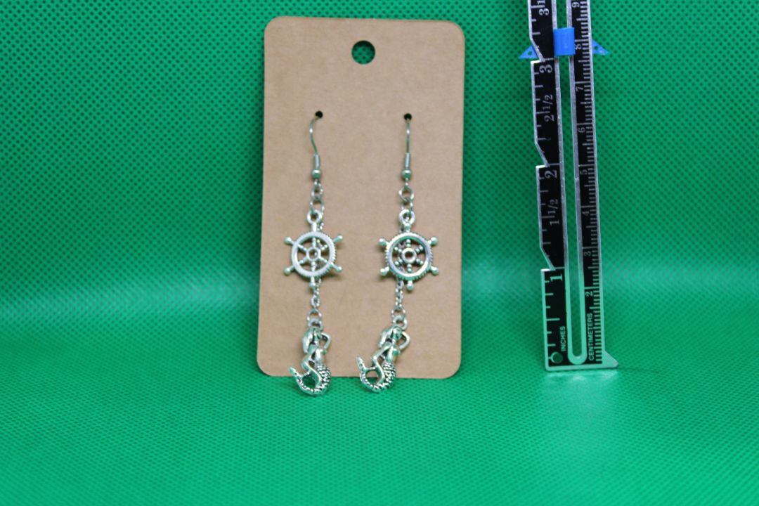 Nautical Steering Wheel and Mermaid Earrings with Stainless Ste